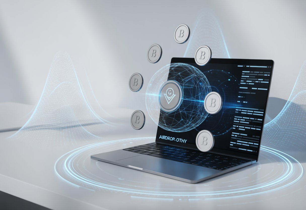 A modern workspace with a laptop showing digital cryptocurrency icons and holographic network elements representing secure token transfer.