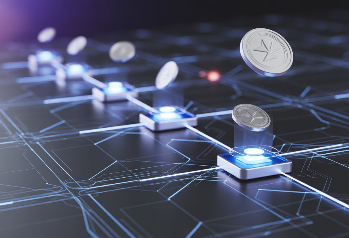 A digital network of interconnected nodes with glowing tokens descending to represent the distribution of cryptocurrency.