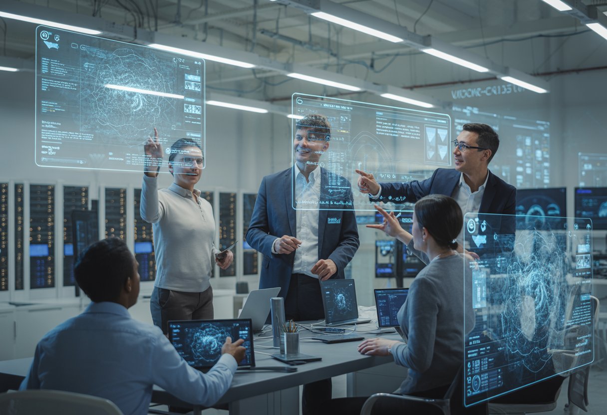 A group of professionals collaborating in a high-tech workspace with digital screens and holographic data displays.