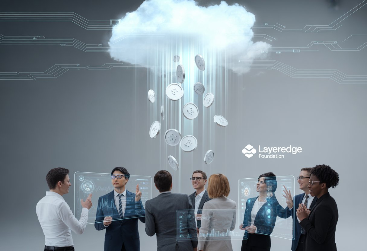 A group of diverse professionals interacting with holographic digital tokens descending from a cloud, representing a secure digital asset transfer.