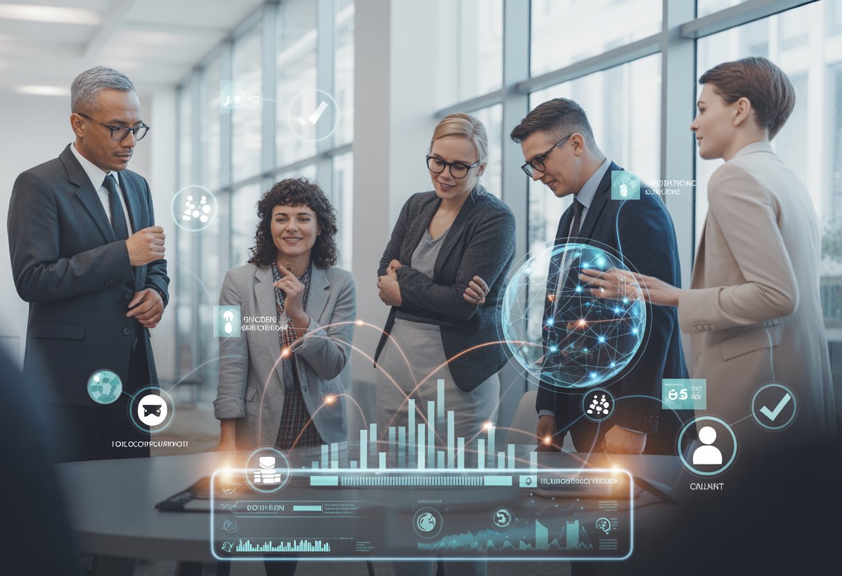 A group of business professionals interacting with a digital display showing blockchain and cryptocurrency data in a modern office.
