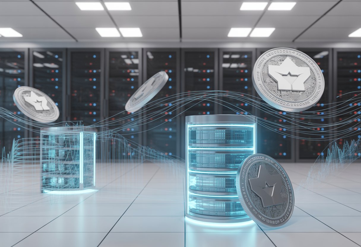 A futuristic digital scene showing floating blockchain tokens, secure digital vaults, and interconnected data streams representing secure asset distribution.