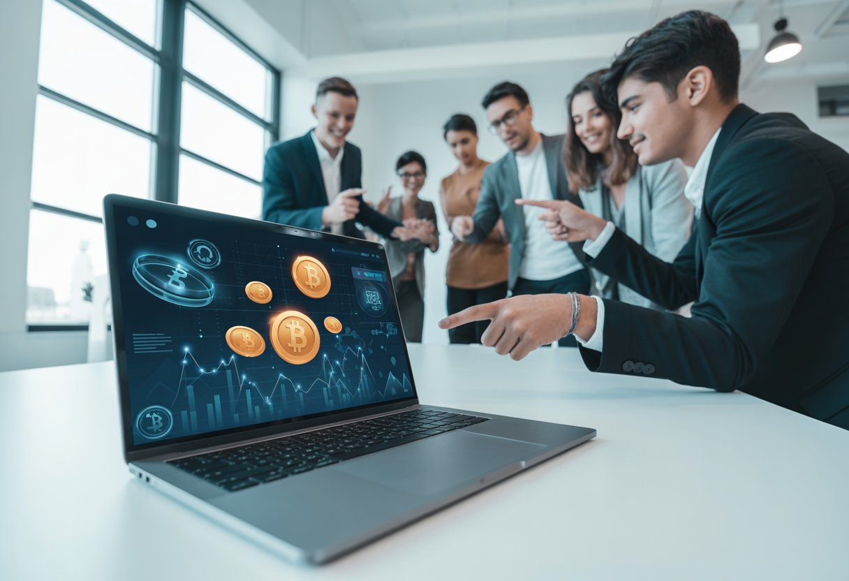 A group of young professionals discussing cryptocurrency data displayed on a laptop in a modern office.