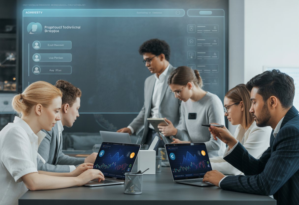 A group of professionals collaborating around a table with laptops and digital screens showing charts and icons related to a cryptocurrency eligibility and participation process.