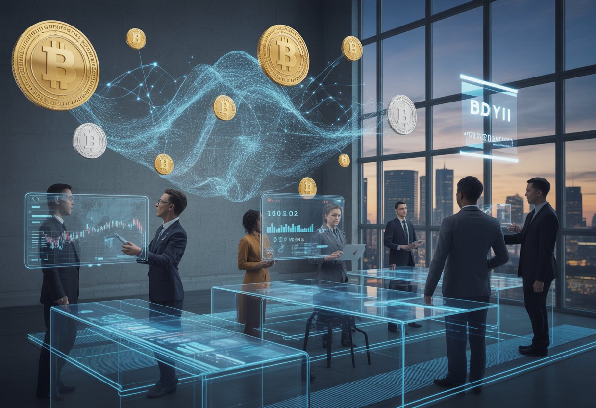 A group of professionals interacting with futuristic digital screens displaying cryptocurrency tokens and blockchain networks in a modern office with a city skyline in the background.