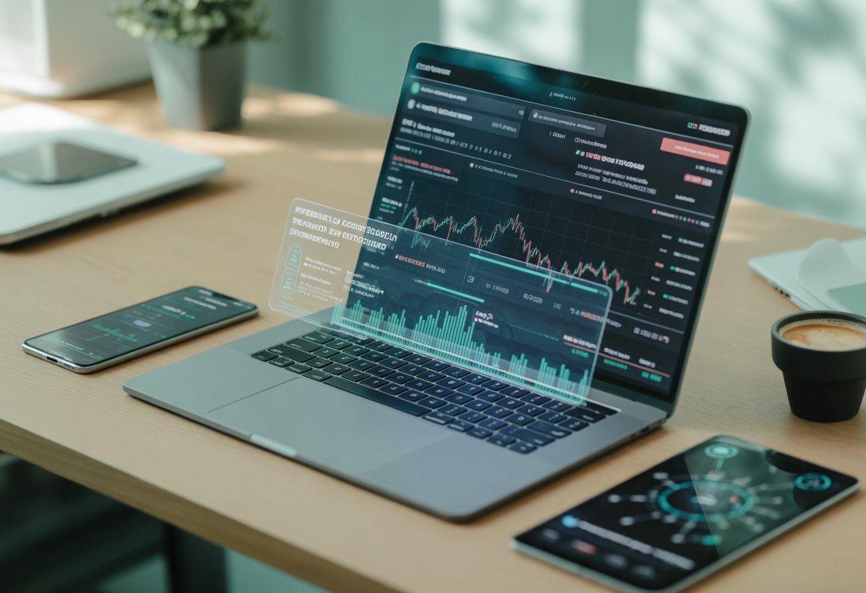 A modern workspace with a laptop displaying data charts and digital devices showing blockchain information on a clean desk.