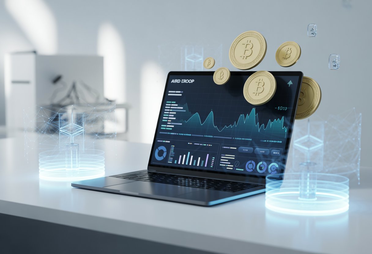 A laptop on a desk showing a digital interface with floating cryptocurrency tokens and blockchain graphics.