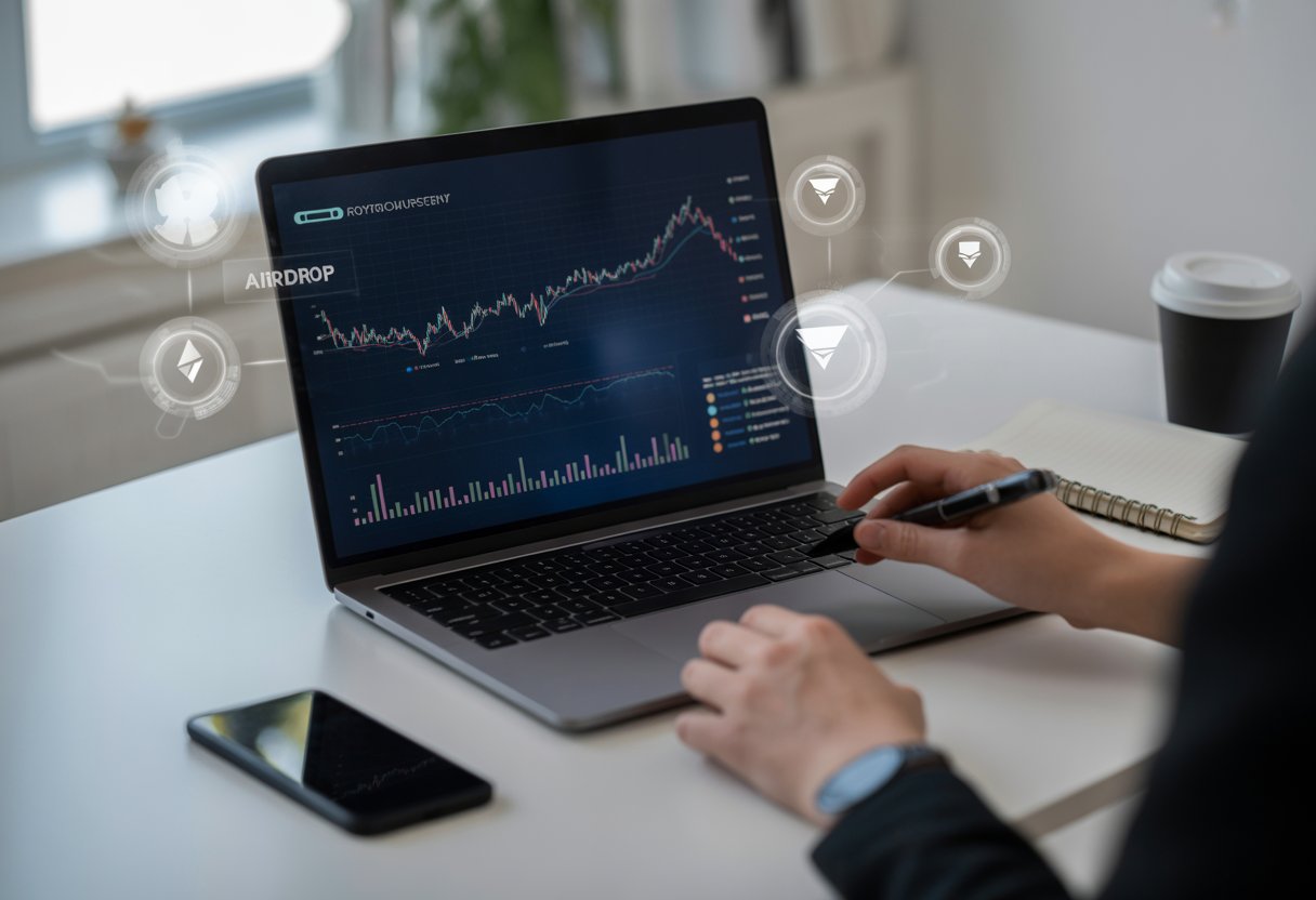 A person analyzing cryptocurrency data on a laptop in a modern workspace with charts and digital token icons visible on the screen.