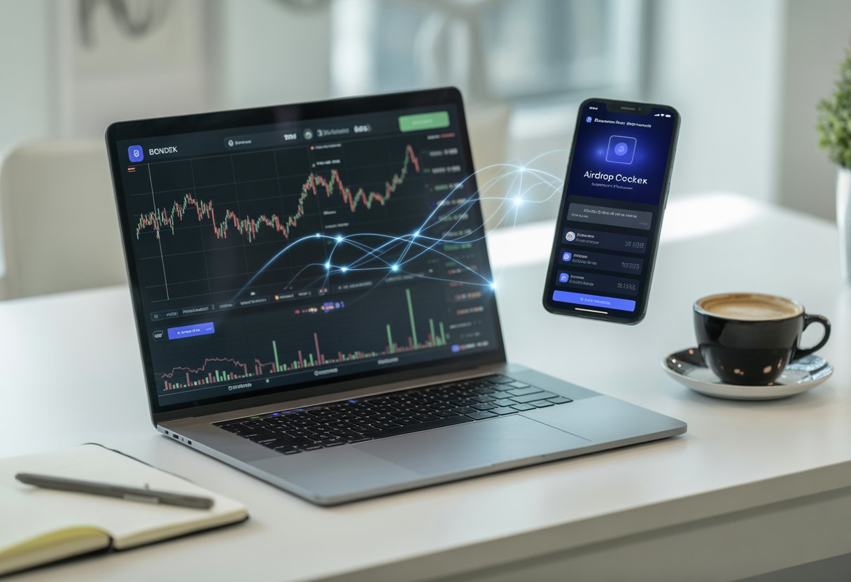 A modern workspace with a laptop showing cryptocurrency charts and a smartphone displaying an airdrop notification, surrounded by office items on a desk.