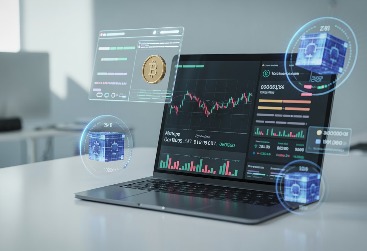 A modern workspace with a laptop showing colorful data charts and holographic blockchain interfaces in a clean office setting.