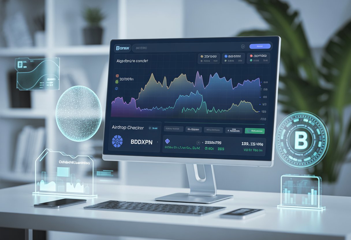 A computer monitor on a desk displaying colorful blockchain data and graphs with tech gadgets nearby in a modern digital workspace.