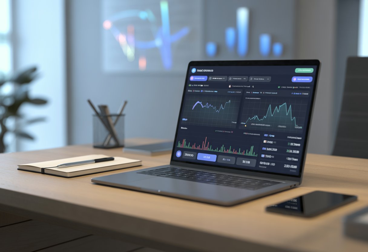 A modern workspace with a laptop showing a cryptocurrency dashboard, surrounded by a smartphone, notebook, and pen on a wooden desk.