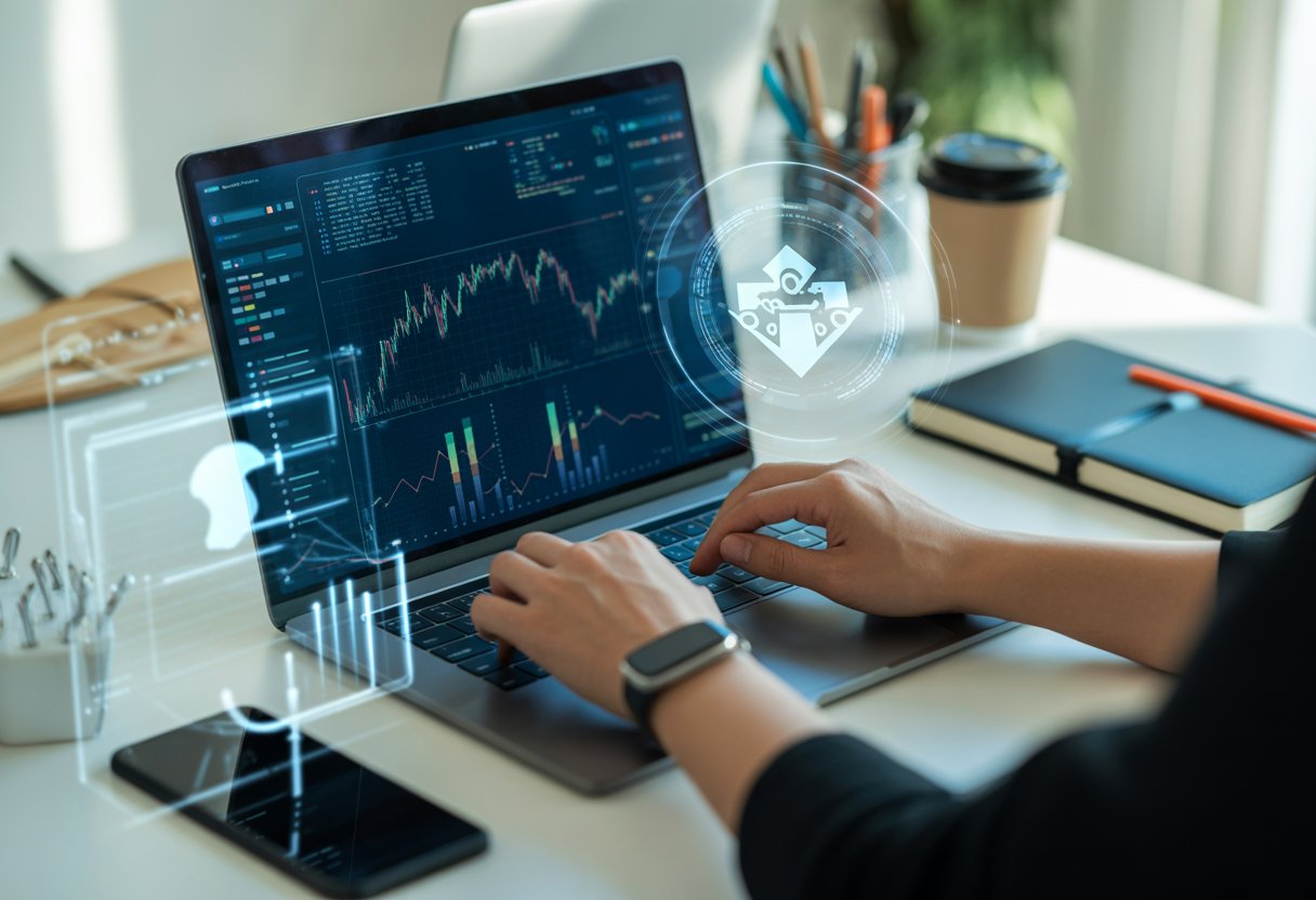 A person typing on a laptop surrounded by digital blockchain icons and data charts on a clean, modern desk.