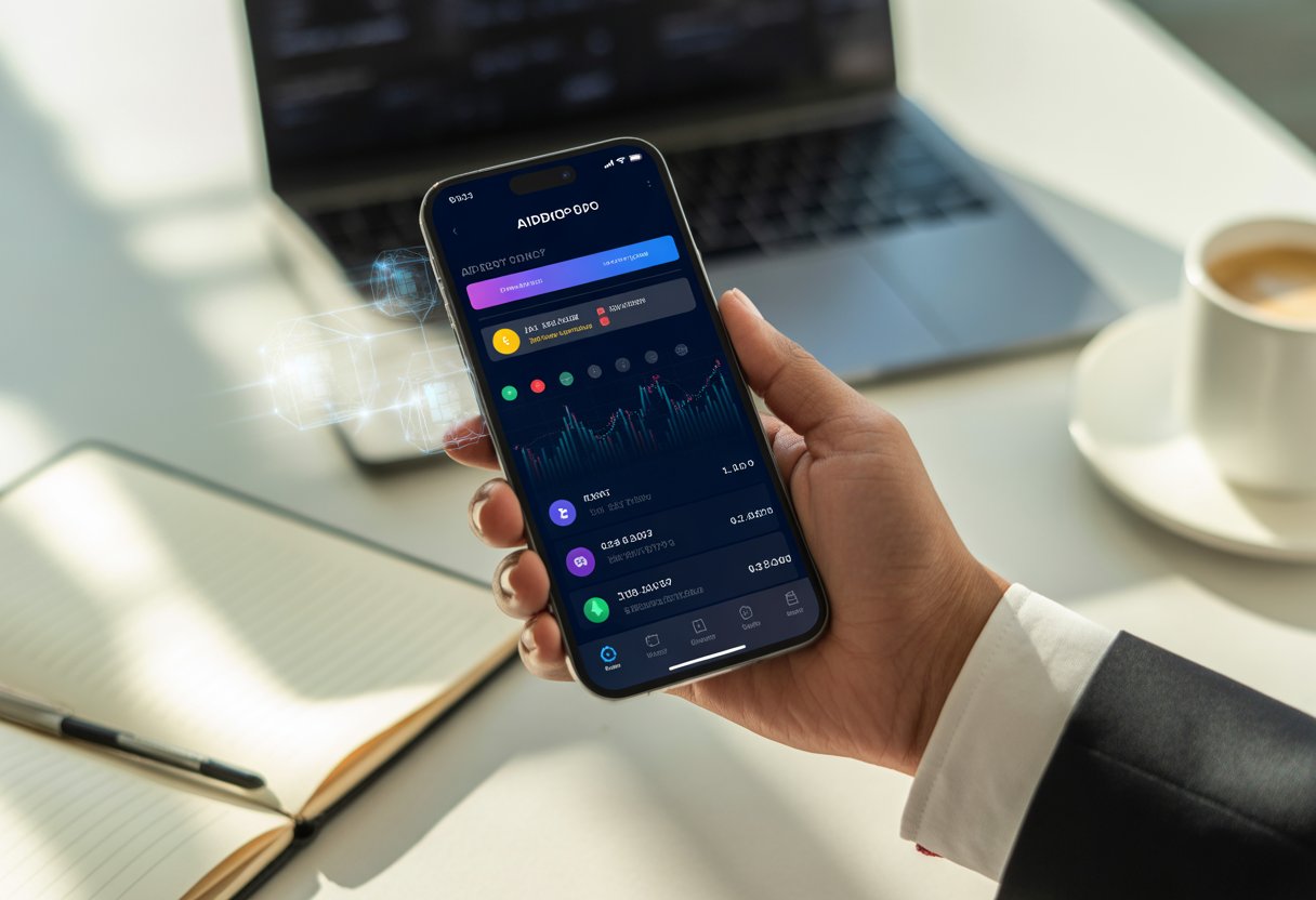 A person holding a smartphone showing a cryptocurrency app interface with charts and icons at a tidy workspace with a laptop and coffee cup.