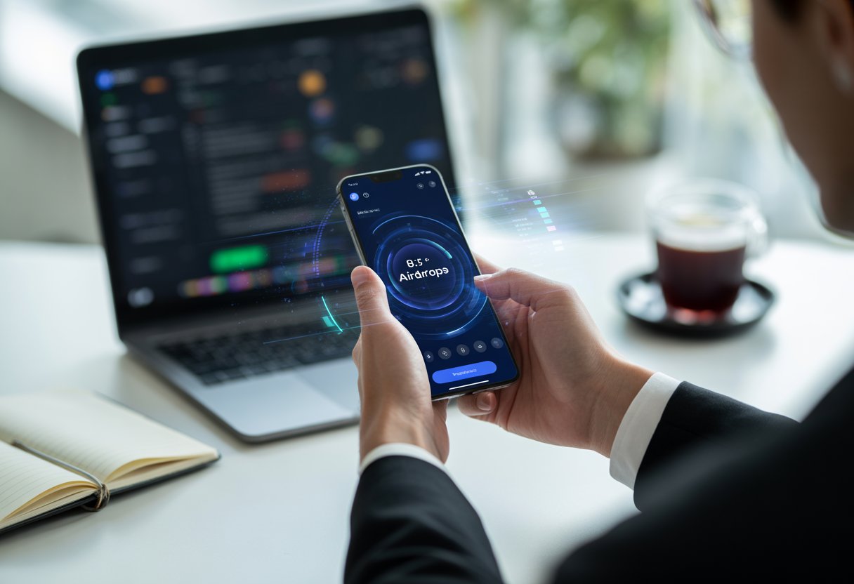 Person holding a smartphone showing a colorful digital interface related to cryptocurrency, sitting at a desk with a laptop and coffee.
