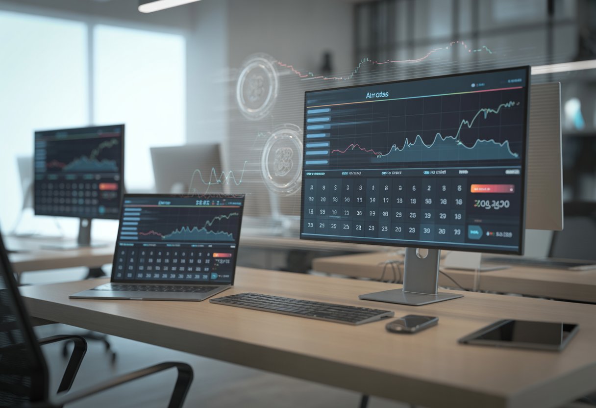 A modern workspace with computer screens showing digital charts and calendar interfaces related to cryptocurrency and blockchain technology.