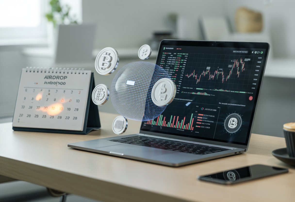 A modern workspace with a laptop showing digital token distribution charts, holographic token icons floating above, a calendar on the desk, and tech gadgets in a clean office setting.