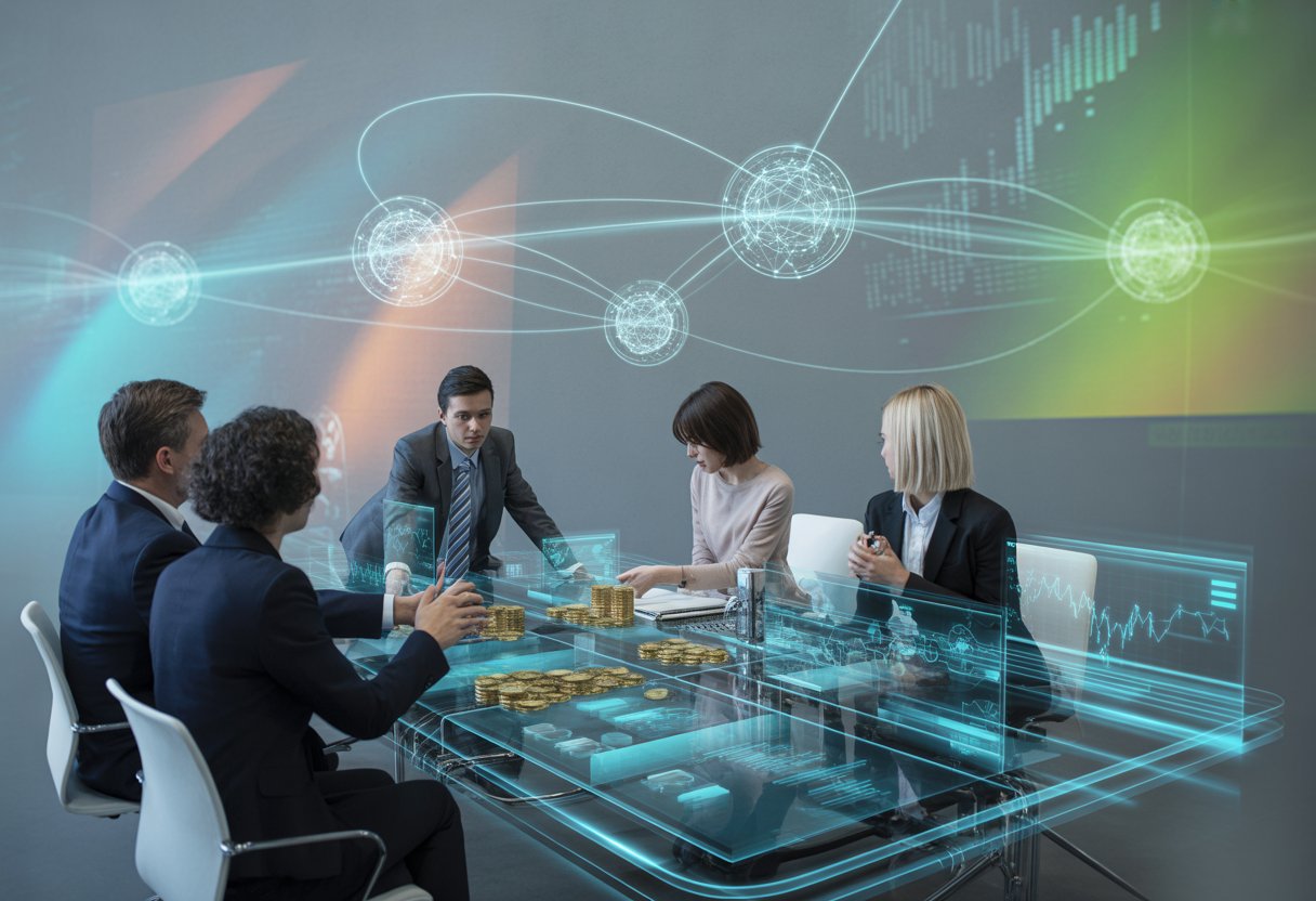 Professionals collaborating over a futuristic digital interface showing interconnected blockchain nodes and cryptocurrency exchange data.