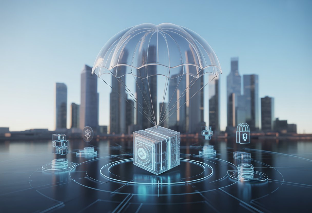 A digital parachute carrying a glowing package with blockchain icons over a modern cityscape.