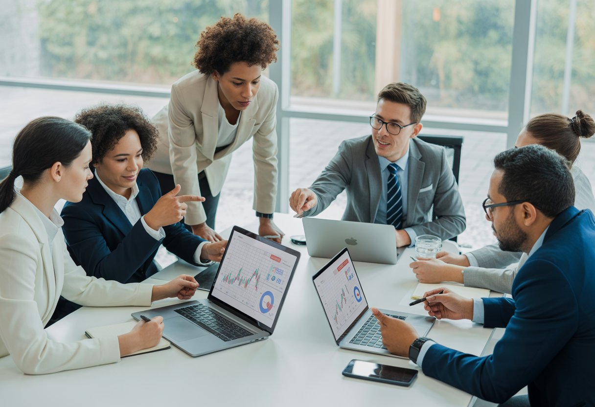 A group of business professionals collaborating around a conference table with laptops and charts in a bright office.