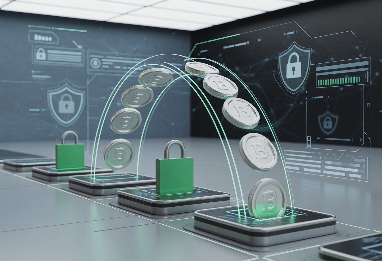 A digital representation of tokens being securely distributed across a network with holographic icons and security symbols.