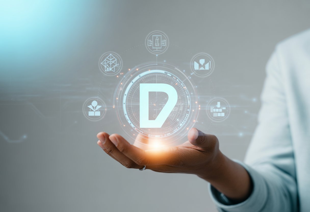 A hand holding a glowing holographic digital token surrounded by floating blockchain icons against a soft blue and white background.