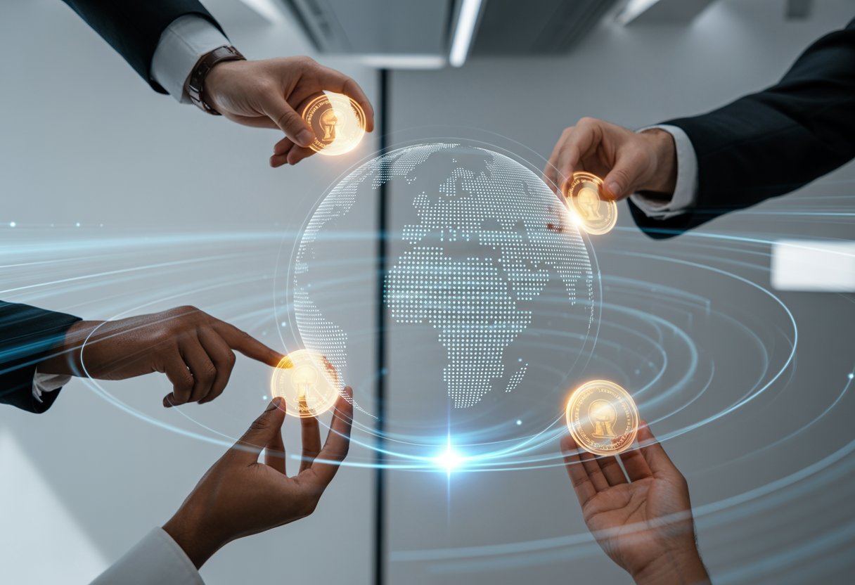 Hands interacting with floating digital tokens above a transparent globe representing global network connections in a modern office setting.