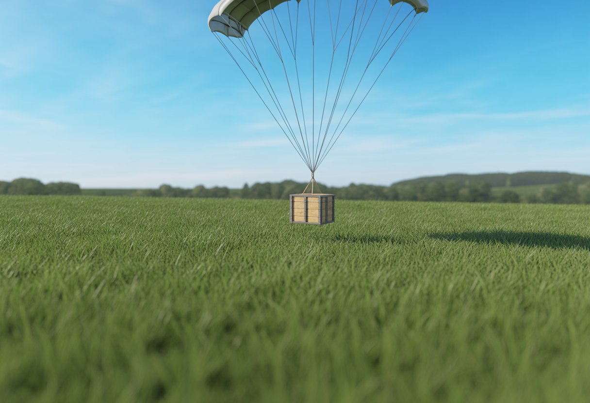 A grassy field with a wooden airdrop crate descending by parachute under a blue sky.