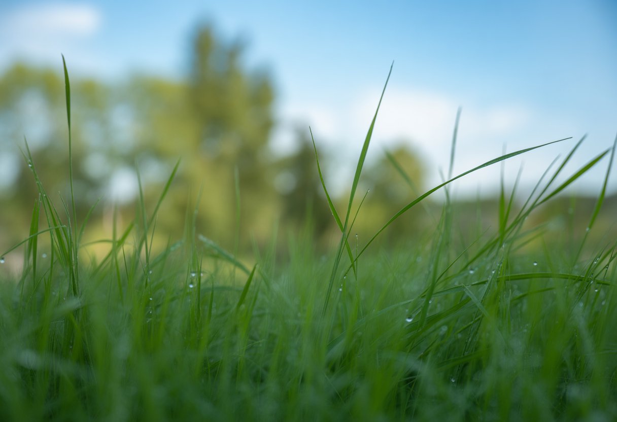 Close-up view of green grass blades with dew drops under sunlight and a blurred natural background.