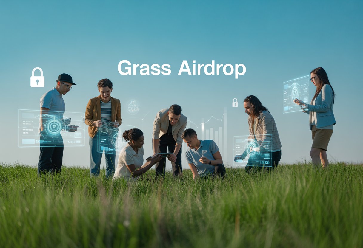 A diverse group of people gathered in a green field outdoors, collaborating with transparent digital tablets displaying secure data and blockchain graphics.