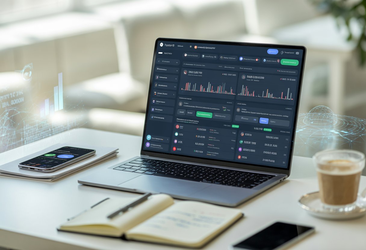A modern workspace with a laptop showing cryptocurrency charts, a smartphone displaying a messaging app, and a notebook on a desk.