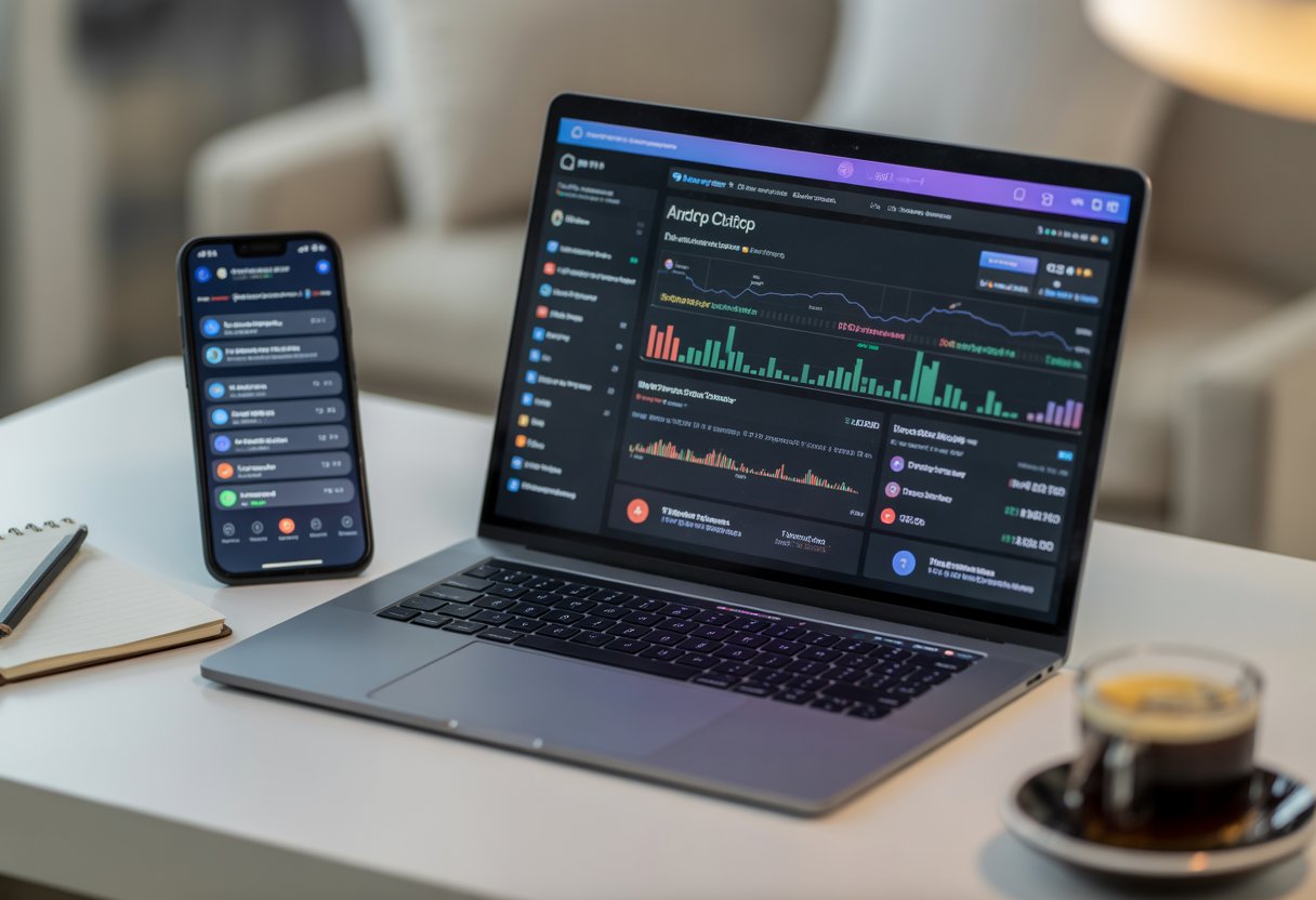 A modern workspace with a laptop showing cryptocurrency charts and a smartphone displaying a messaging app, with a coffee cup and notepad on the desk.