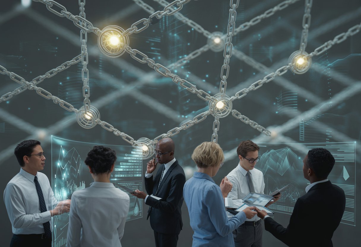 A group of professionals analyzing digital blockchain networks with glowing interconnected nodes and futuristic data displays.