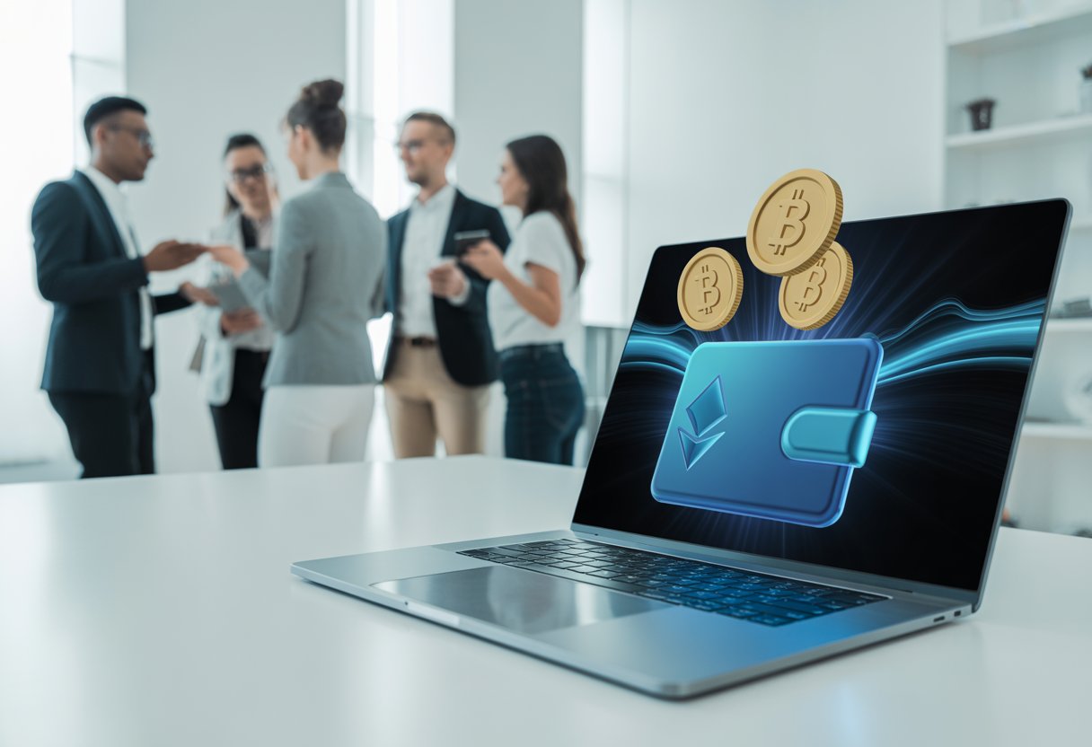 A group of professionals discussing digital finance with a laptop showing cryptocurrency coins and a digital wallet interface.