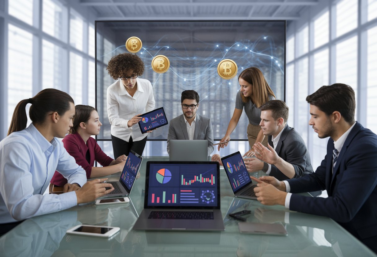 A group of professionals collaborating around a table with digital devices showing financial charts and blockchain visuals in a bright office.