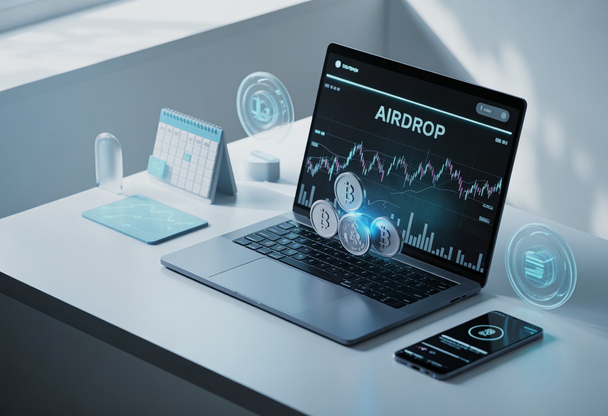 A laptop on a desk showing digital cryptocurrency charts with floating tokens and a calendar highlighting a date nearby.