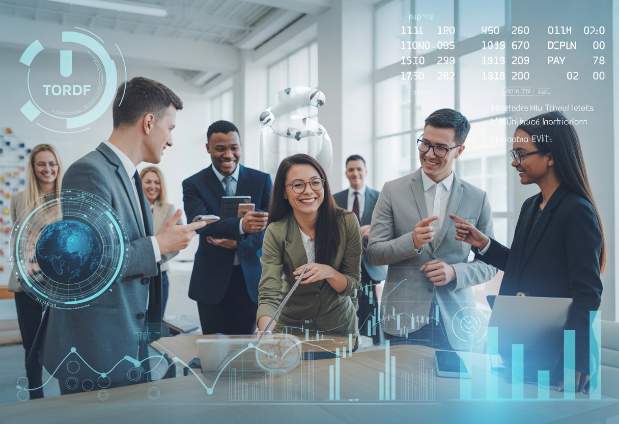 A group of professionals interacting with futuristic digital charts and calendars in a modern office setting.