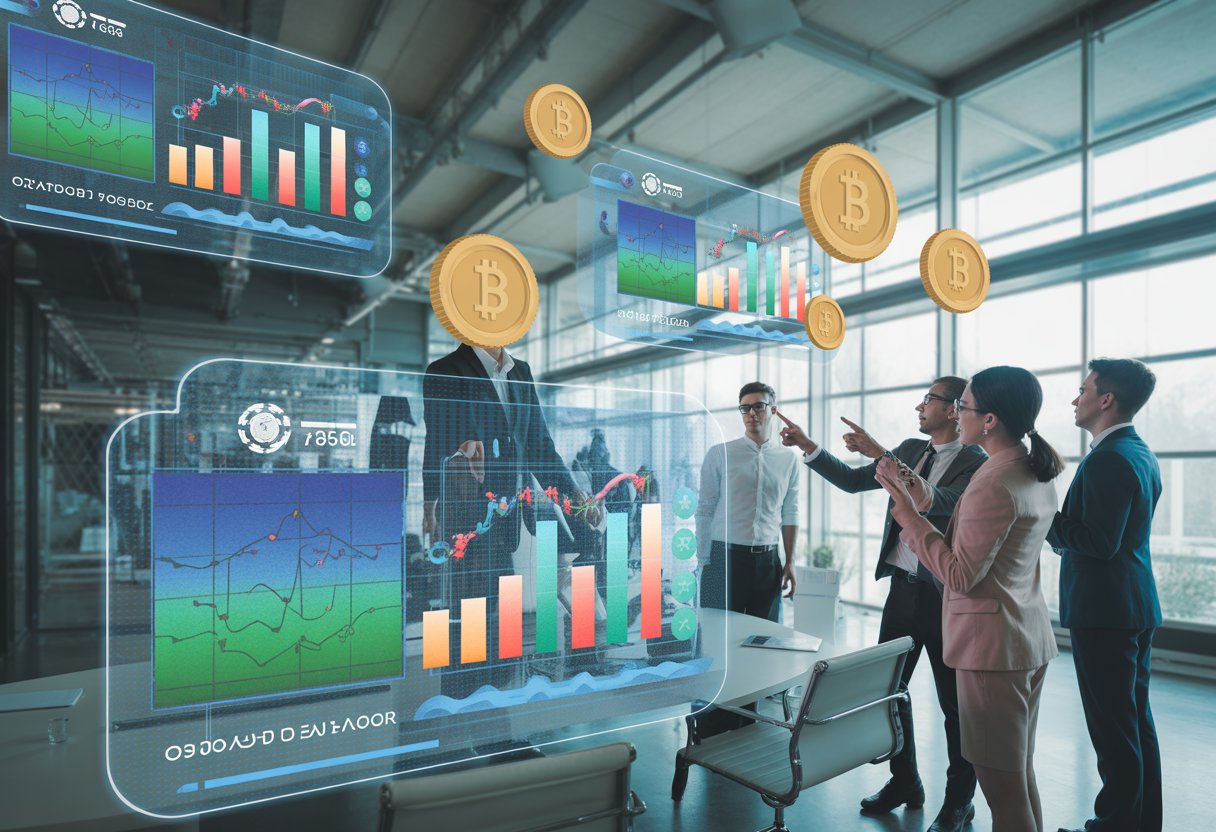 A group of professionals interacting with floating digital graphs and tokens in a modern office setting.