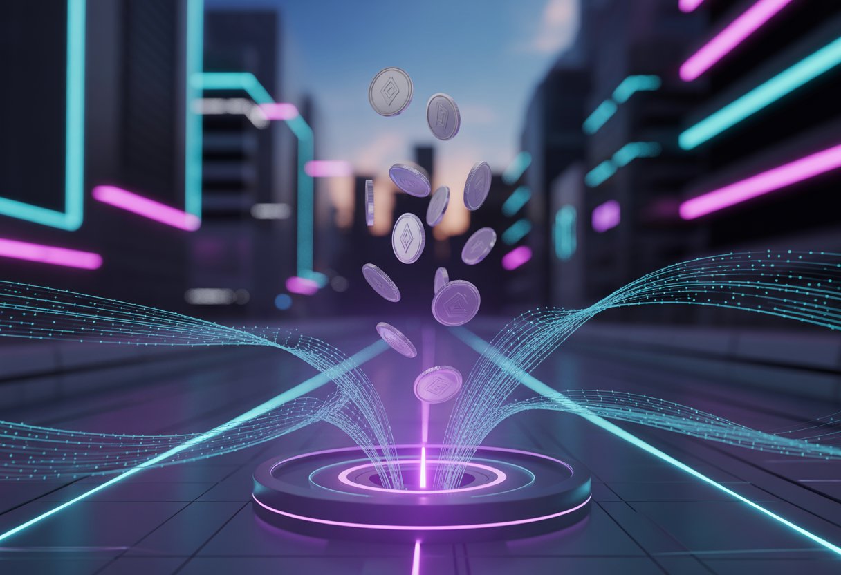 A futuristic cityscape at dusk with glowing digital coins floating above a central light source, surrounded by streams of data representing a cryptocurrency airdrop.