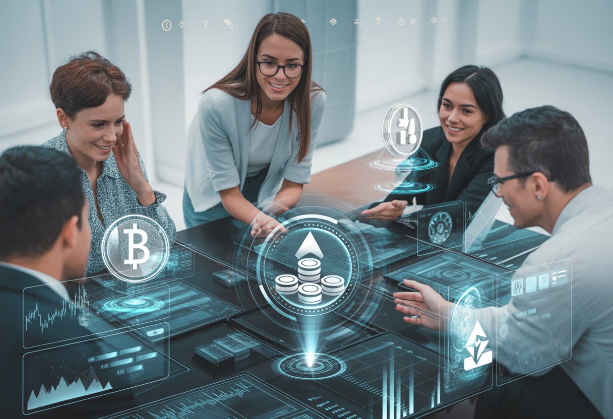 A group of professionals collaborating around a transparent touchscreen table displaying digital cryptocurrency icons and data in a modern office setting.