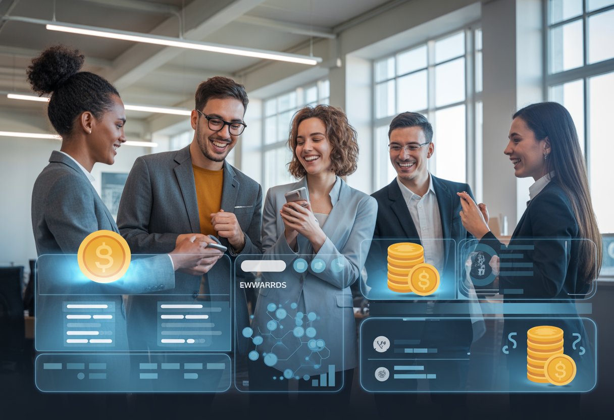 A group of young professionals interacting with a futuristic digital interface showing icons of coins and tokens in a modern office.