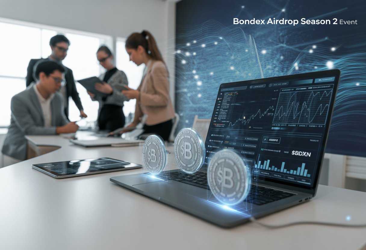 A group of professionals working together around a laptop displaying cryptocurrency charts and digital token icons in a modern office setting.