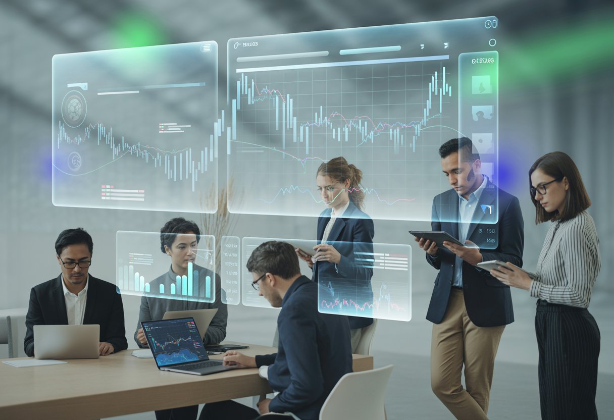 A group of professionals analyzing cryptocurrency price charts on digital screens in a modern office.
