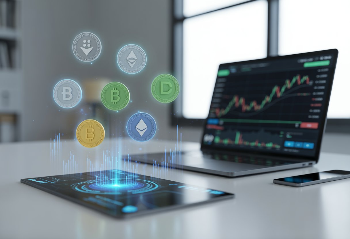 A modern workspace with a laptop displaying a financial chart and floating holographic digital coins representing cryptocurrency.
