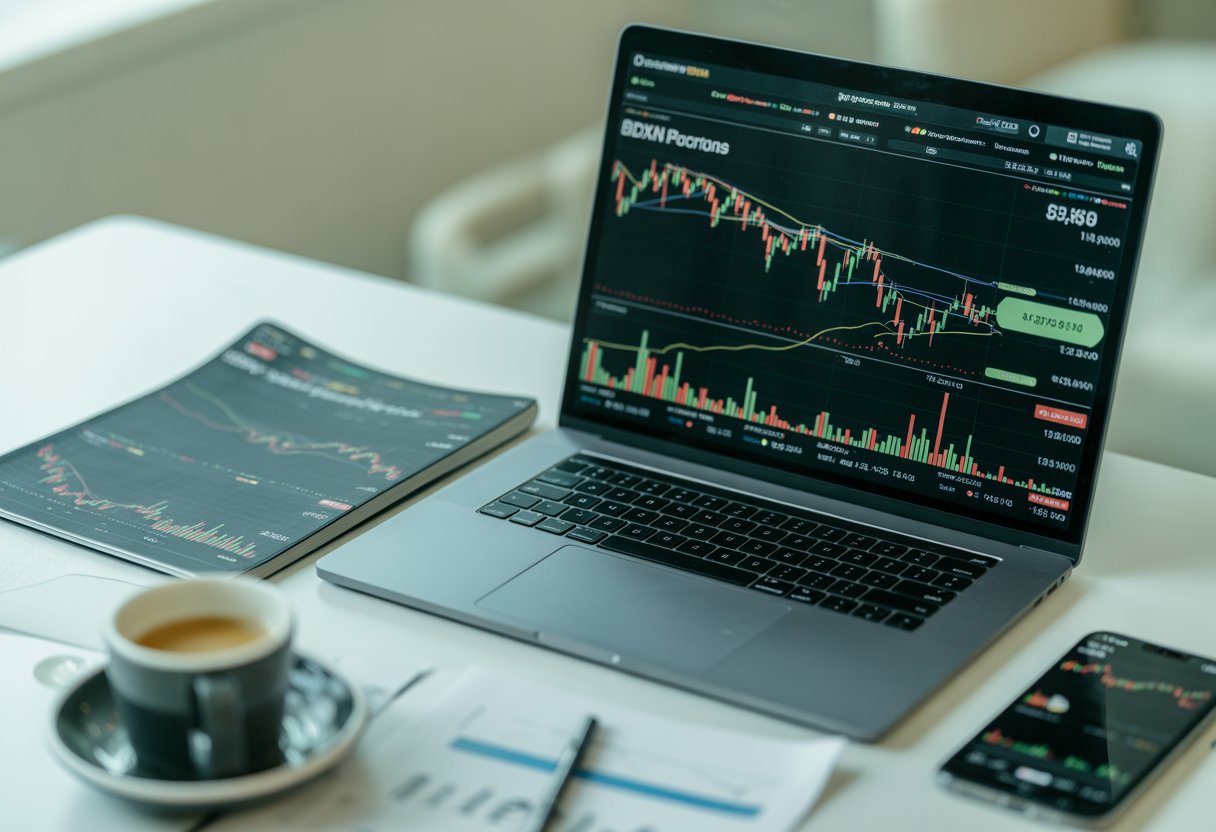A person analyzing cryptocurrency price charts on a laptop in a modern workspace with financial documents and a smartphone nearby.