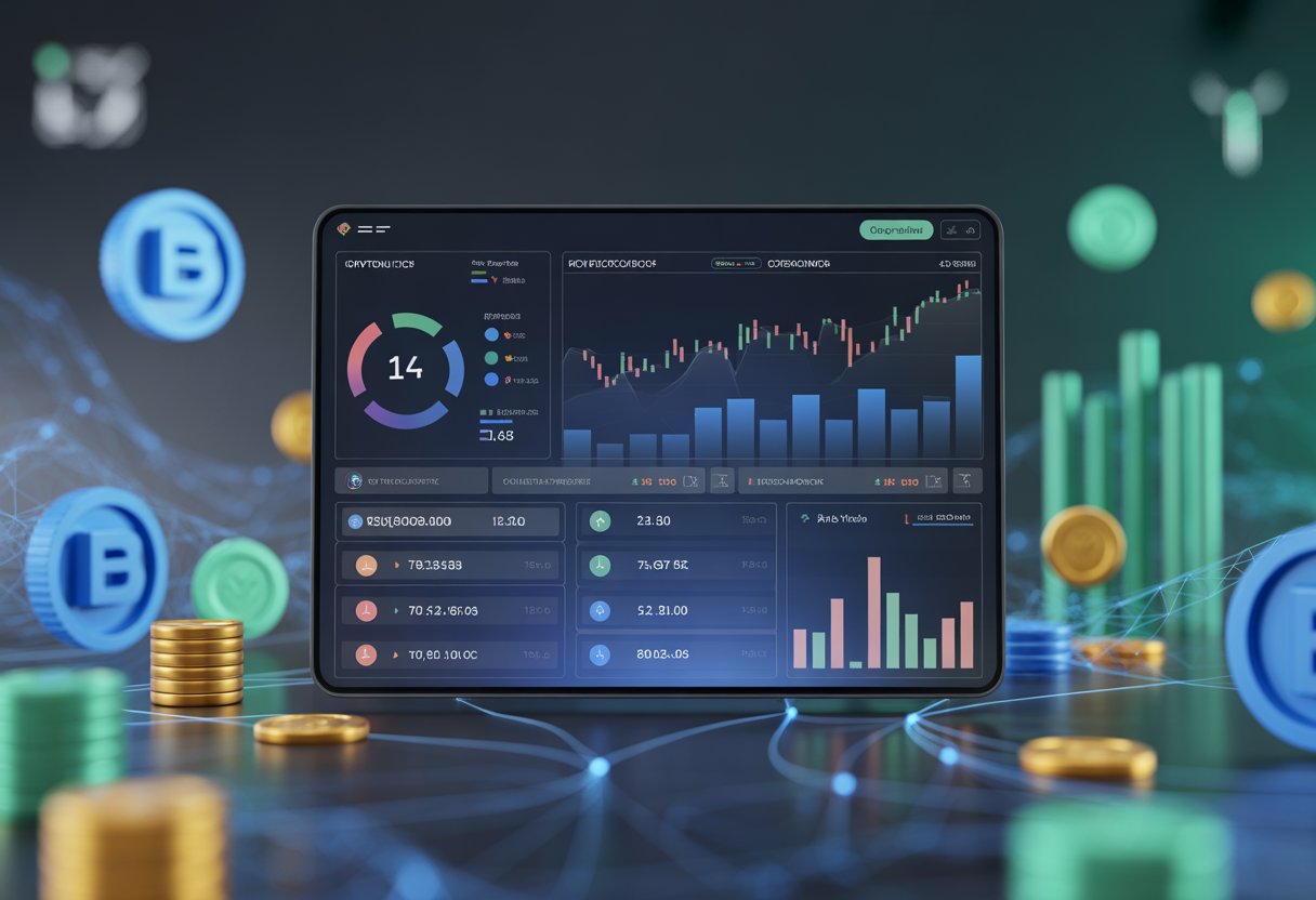 A digital dashboard showing colorful charts and graphs representing cryptocurrency token distribution and price trends with abstract blockchain and network elements in the background.