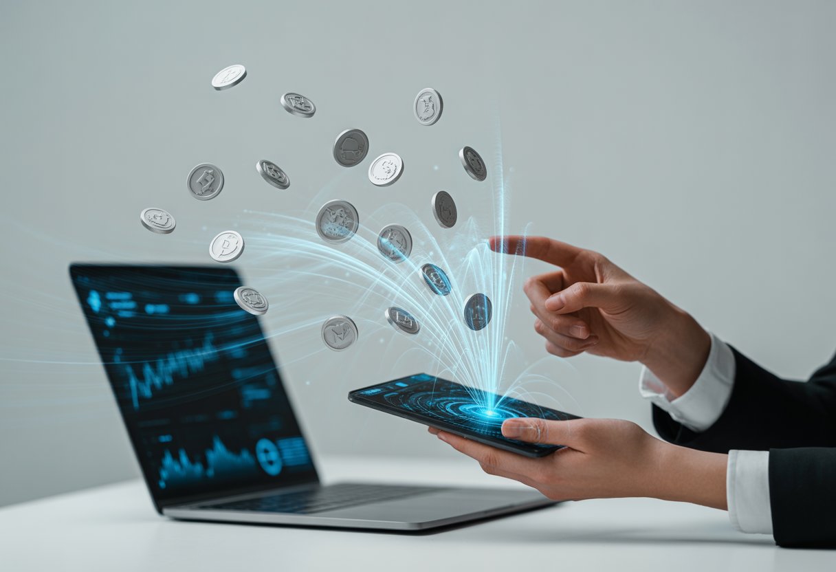 A person interacting with a digital interface showing floating digital coins dispersing in a modern workspace.