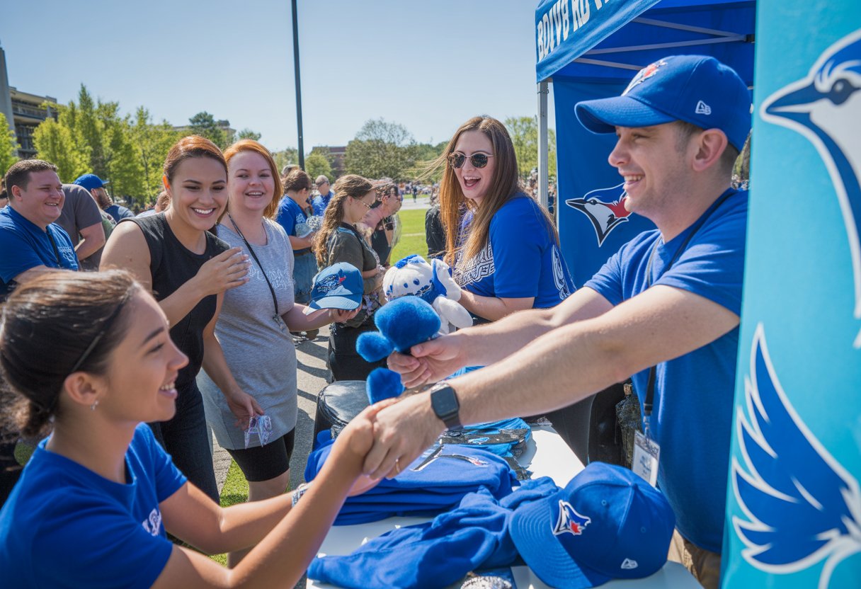 People at an outdoor event receiving Blue Jays-themed merchandise from volunteers at a decorated booth in a sunny park.