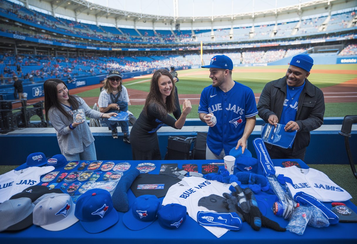 Fans at a baseball stadium receiving Blue Jays merchandise giveaways from staff at a display table near the field.