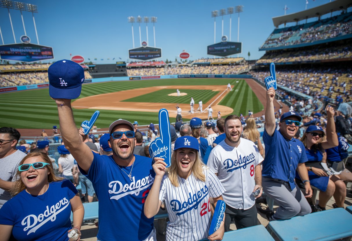 A crowd of enthusiastic baseball fans at a sunny stadium enjoying a Dodgers game with giveaway items.